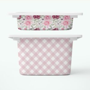 Różowe kwiaty 2 + różowa skośna kratka - komplet naklejek na pojemniki