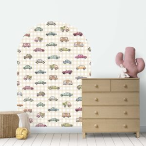 Naklejka na ścianę półokrągła - łuk w retro auta na brązowej kratce