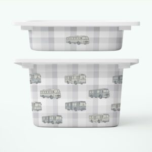 Autobusy i szara kratka - naklejki na pojemniki