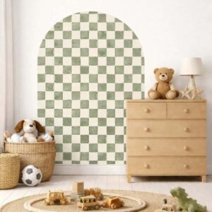 Naklejka na ścianę półokrągła łuk - zielono-kremowa szachownica